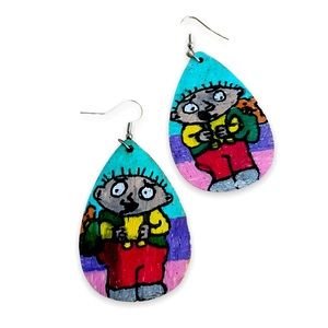 New Woman’s Artisan Hand Painted Stewie & Rupert Sterling Silver Wooden Earrings